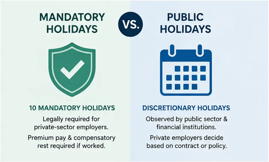 Mandatory holidays vs public holidays in Macau showing legal obligations for employers.