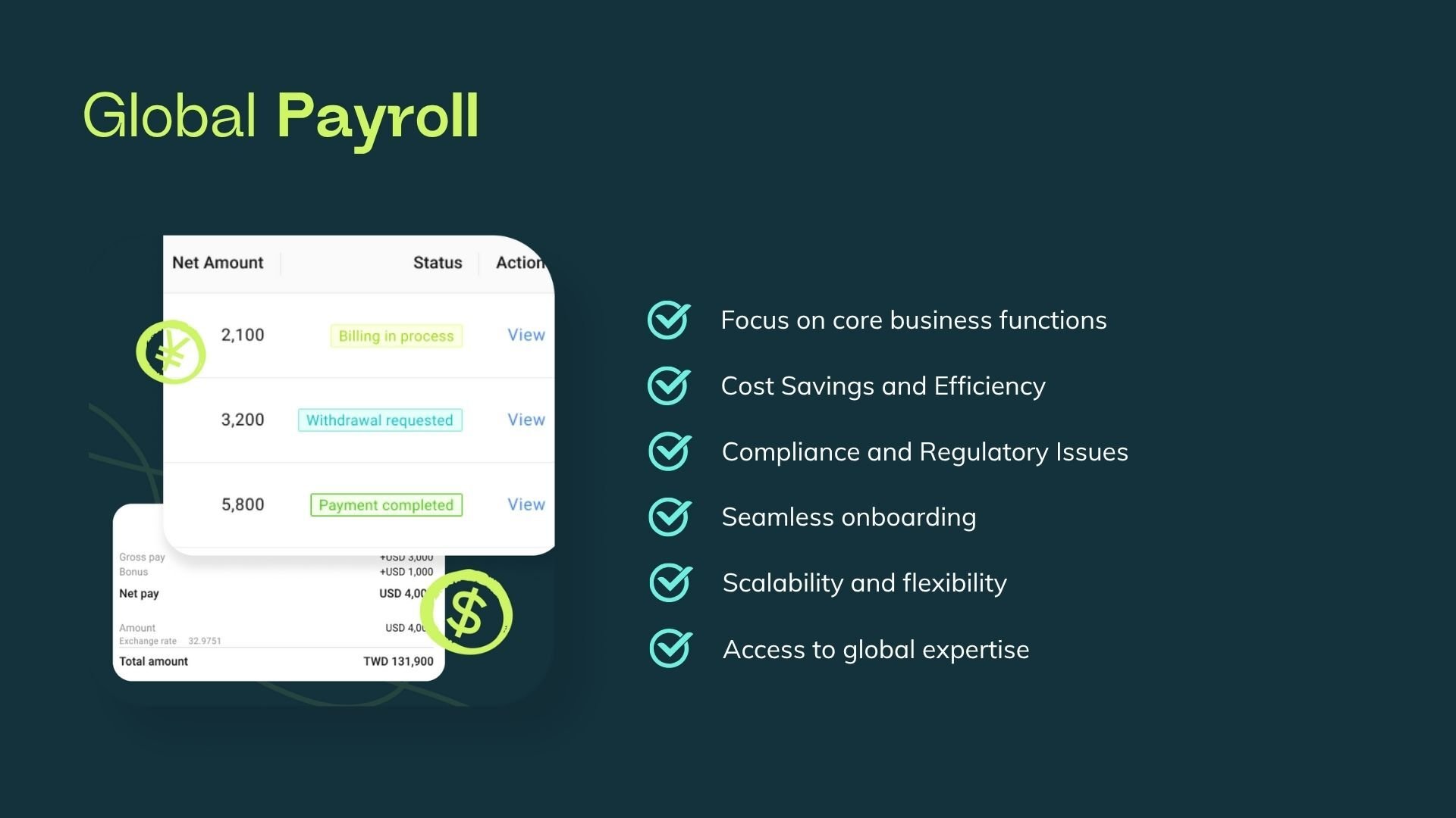 Slasify’s personalized HR platform provides a flexible payroll solution tailored to your business size and location requirements. It includes automated multi-country payroll processing, compliance tracking, and localized reporting, allowing HR and finance teams to manage international operations with greater accuracy and ease.