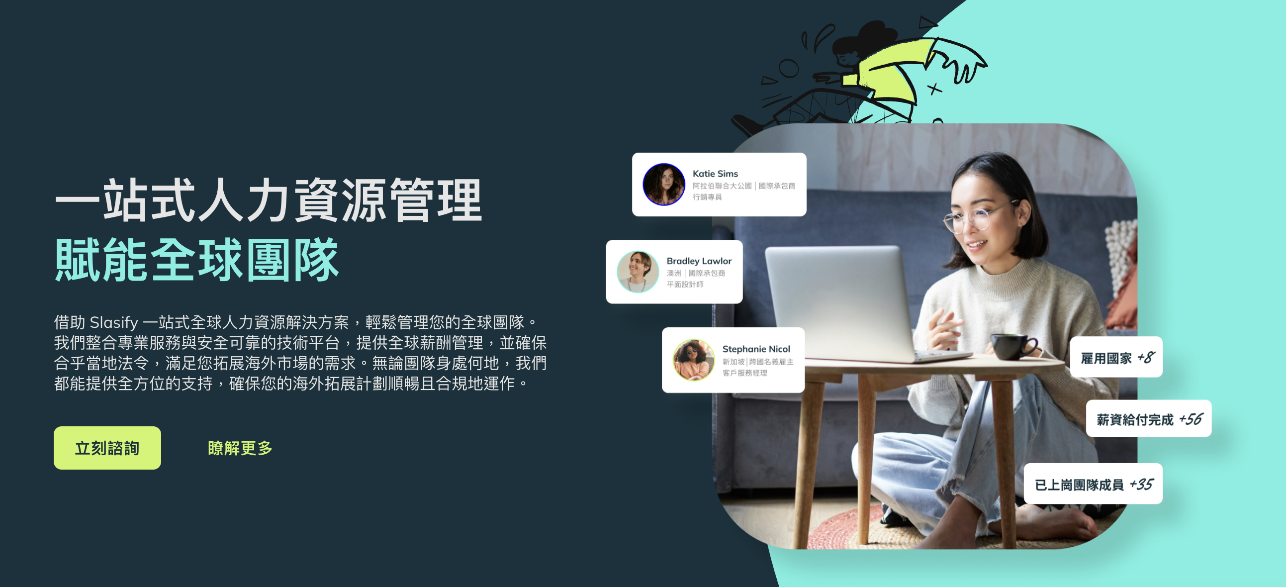 Slasify 在全球超過 150 個國家提供薪資計算、勞動法規諮詢與稅務服務,幫助企業輕鬆拓展國際版圖。為了讓企業能同時達成「在地合規」與「全球一致的人事管理」,Slasify 提供一站式人資解決方案