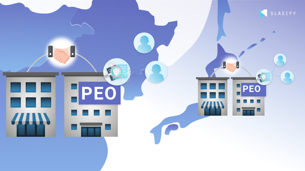 Illustration of a company partnering with a local PEO that handles HR paperwork for its employees