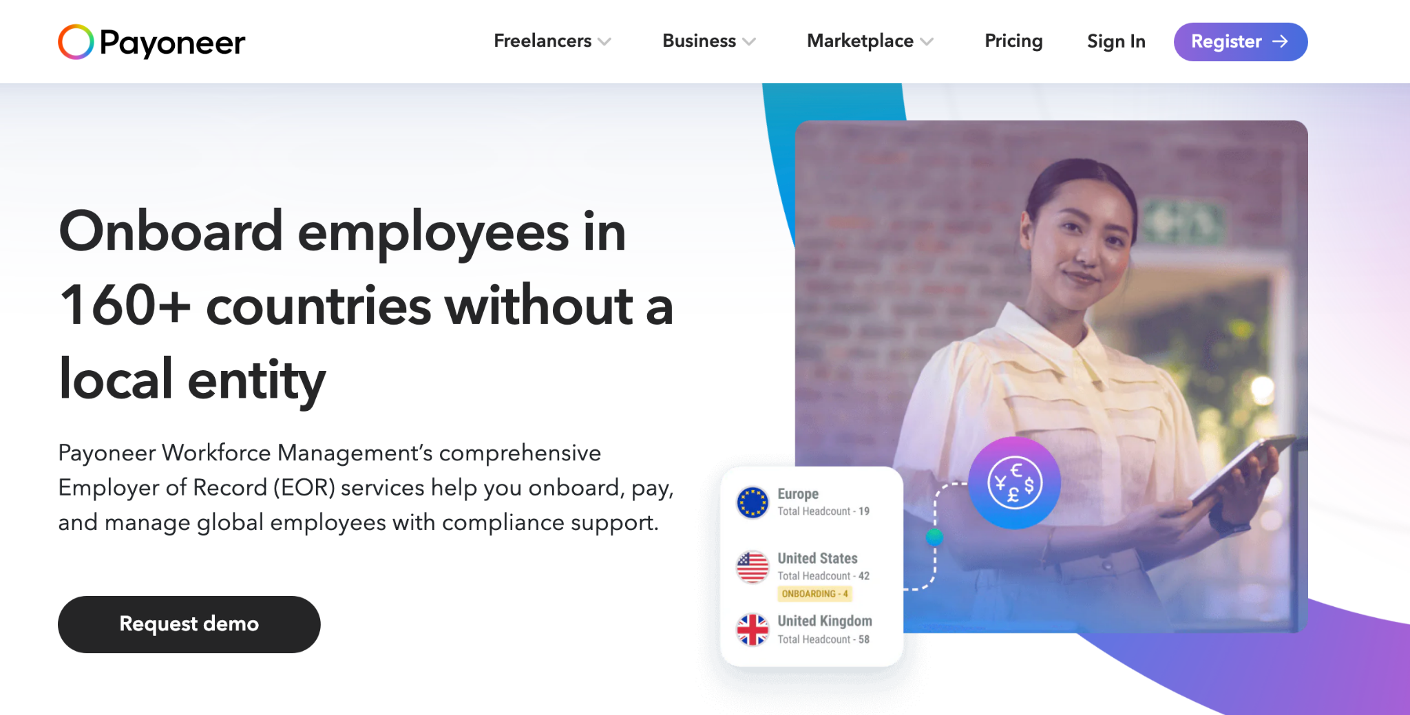 Payoneer Workforce Management, formerly Skuad, publishes coverage for all 12 target markets and offers dedicated account support, with prices starting at USD 199 per employee per month. Its model combines owned and partner entities across 160+ countries, and its website cites SOC 2 and GDPR controls.