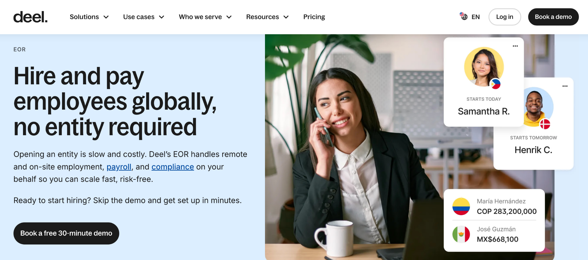 Deel publishes country or EOR pages for all 12 target markets, including mainland China. Its security page lists SOC 1, SOC 2, SOC 3, and ISO 27001, and the company reports operating across 150+ countries. EOR pricing starts at USD 599 per employee per month; immigration support varies by country.
