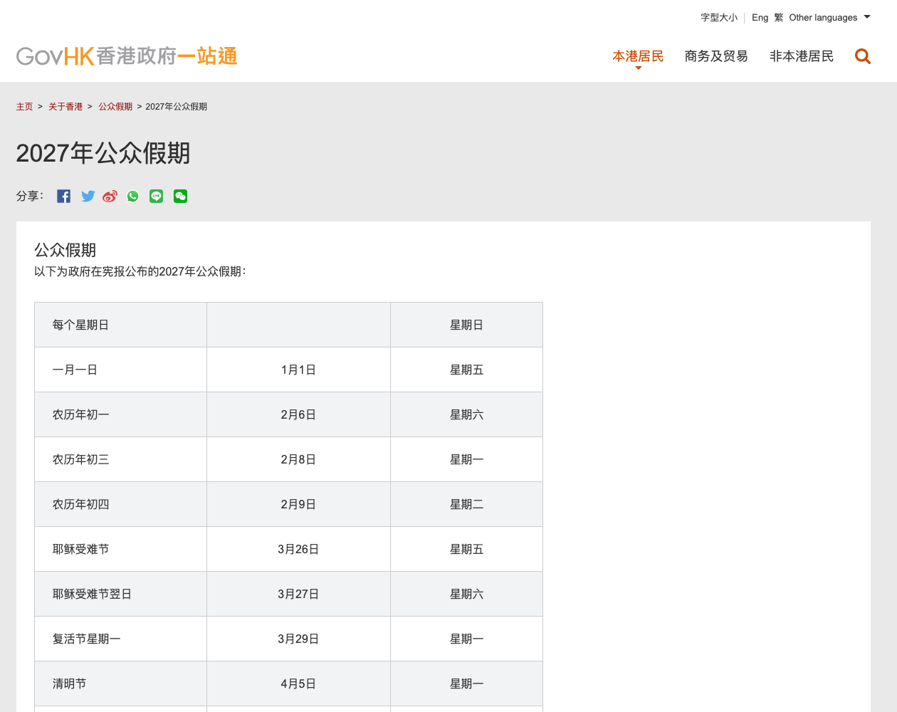 香港政府一站通公布的 2027 年公众假期