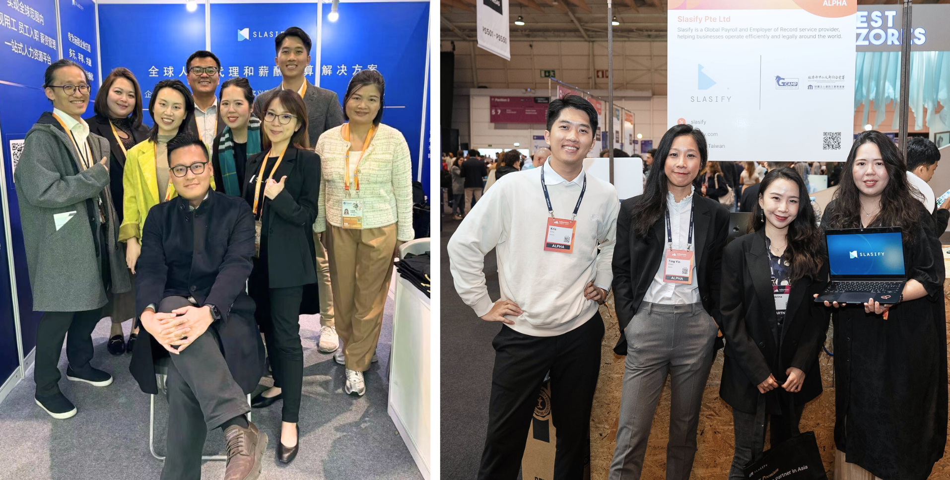 The Slasify team gathered last November 2023, participating in the Shanghai Expo (left) and the Lisbon Web Summit (right).